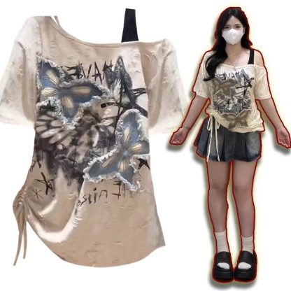 Slightly Fat Beautiful Butterfly Oblique Shoulder Tops Loose Short Sleeve - Image 2