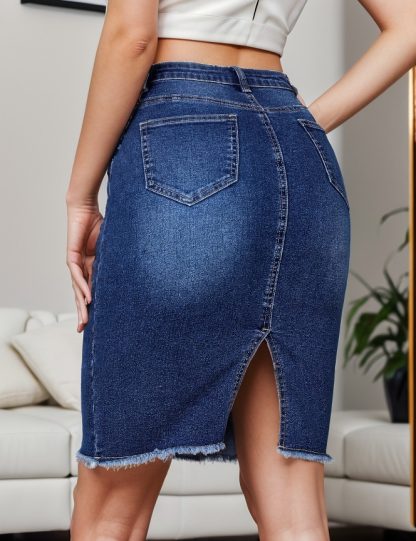 Casual Fashion Stretchy High Waist Slimming Slit Sheath Denim Skirt - Image 3