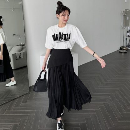 Pleated Contrast Color High Waist Women's All-match Dress - Image 3