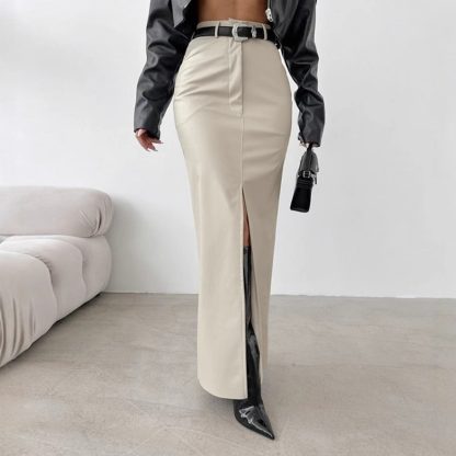Leather Design Split Solid Color High Waist Simple Skirt - Image 3