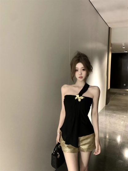 Women's Summer Slim-fit Pure Tube Top Vest Black Short - Image 2