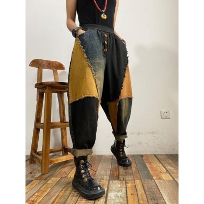 New Personalized Breasted Frayed Color Block Denim Harem Pants Loose Slimming Women - Image 2
