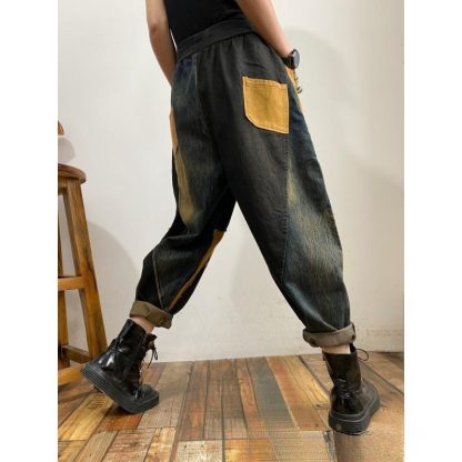 New Personalized Breasted Frayed Color Block Denim Harem Pants Loose Slimming Women - Image 4