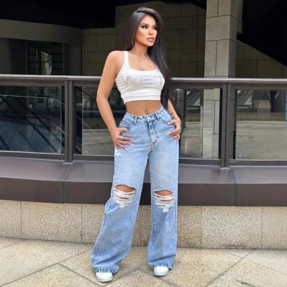 Ripped Washed Jeans Loose Straight Wide Leg - Image 3