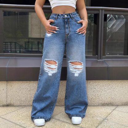 Ripped Washed Jeans Loose Straight Wide Leg - Image 6