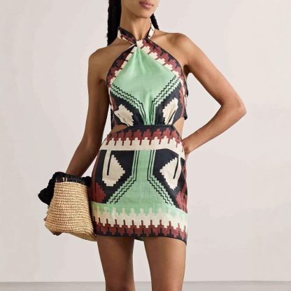 Halter Positioning Print Holiday Beach Skirt Dress - Image 2
