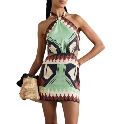 Halter Positioning Print Holiday Beach Skirt Dress - Image 5
