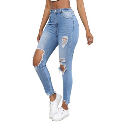 Water Washed Hole Slim High Waist Stretch Retro Denim Skinny Pants Women - Image 2