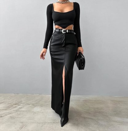 Leather Design Split Solid Color High Waist Simple Skirt - Image 6