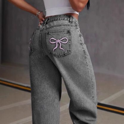 Vintage Bow Embroidered Washed Jeans For Women Straight Loose Trousers - Image 3