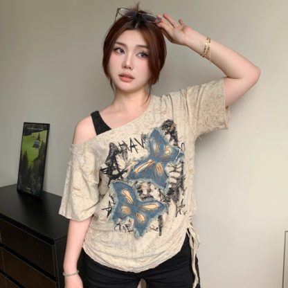 Slightly Fat Beautiful Butterfly Oblique Shoulder Tops Loose Short Sleeve - Image 9