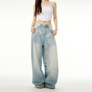 Water Washed Hole Wide Jeans For Men And Women
