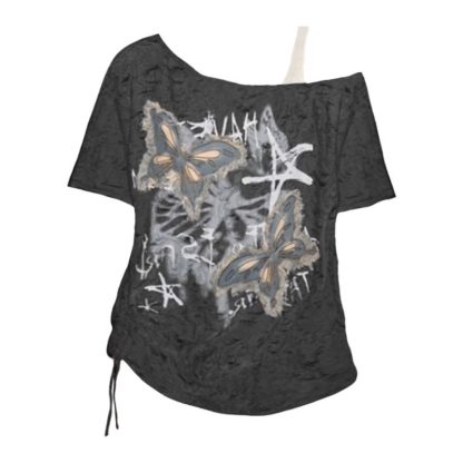 Slightly Fat Beautiful Butterfly Oblique Shoulder Tops Loose Short Sleeve - Image 7