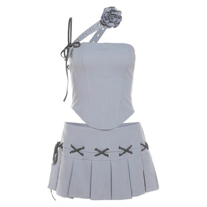 Spring New Women's Solid Color Slim-fitting Suspenders Vest Sexy Low Waist Pleated Skirt - Image 5