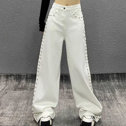 American-style Plus Size Handsome Beaded White Jeans - Image 6