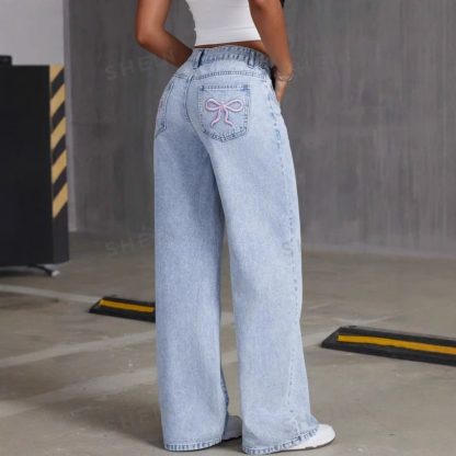 Vintage Bow Embroidered Washed Jeans For Women Straight Loose Trousers - Image 4