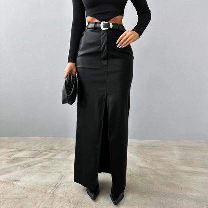 Leather Design Split Solid Color High Waist Simple Skirt - Image 4