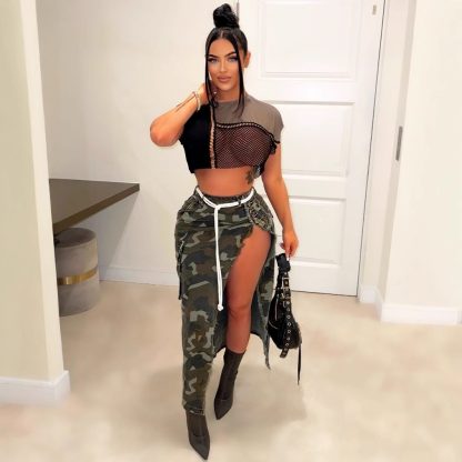 Women's Fashion Personalized Camouflage Wash Pocket Slit Tassel Skirt - Image 3
