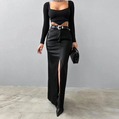 Leather Design Split Solid Color High Waist Simple Skirt - Image 2