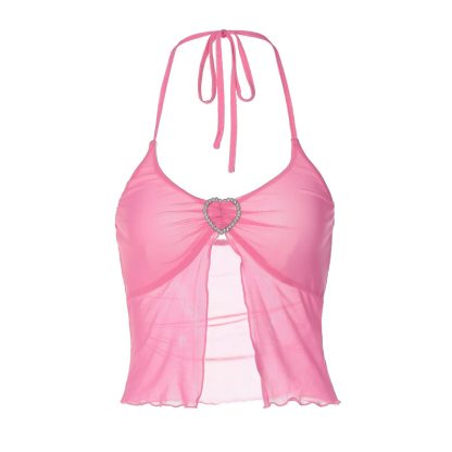 Hot Girl's Sexy Pink Mesh Stitching Chest-wrapped Halter Vest - Image 5
