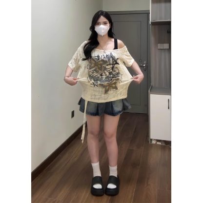 Slightly Fat Beautiful Butterfly Oblique Shoulder Tops Loose Short Sleeve - Image 4
