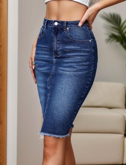 Casual Fashion Stretchy High Waist Slimming Slit Sheath Denim Skirt - Image 4