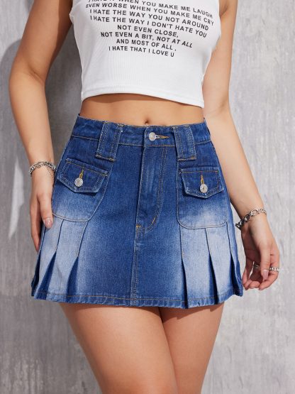 Fashionable All-match Stretch-free Workwear Pleated Denim Skirt - Image 6