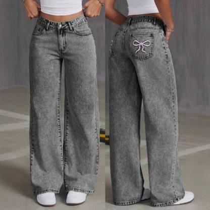 Vintage Bow Embroidered Washed Jeans For Women Straight Loose Trousers - Image 2