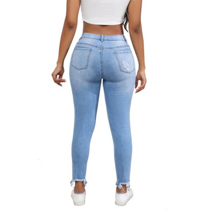 Water Washed Hole Slim High Waist Stretch Retro Denim Skinny Pants Women - Image 5