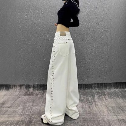 American-style Plus Size Handsome Beaded White Jeans - Image 4