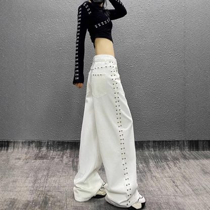 American-style Plus Size Handsome Beaded White Jeans - Image 2