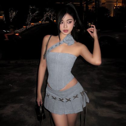 Spring New Women's Solid Color Slim-fitting Suspenders Vest Sexy Low Waist Pleated Skirt - Image 4