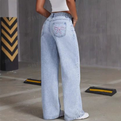 Vintage Bow Embroidered Washed Jeans For Women Straight Loose Trousers - Image 7