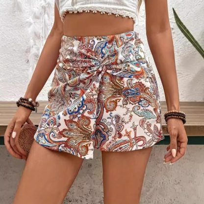 Vacation Printed Front Knot Shorts High Waist Fake Two-piece Skirt - Image 4