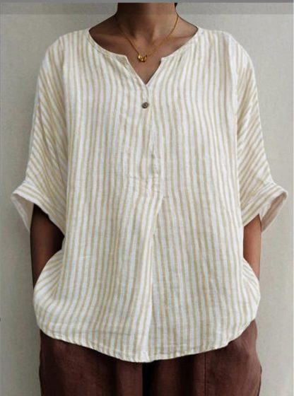 V-neck Striped Loose Short-sleeved Cotton And Linen Shirt - Image 3