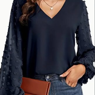 Swiss Dot V Neck Shirt - Soft, Breathable, Casual Solid Shirt For Spring And Fall Season, Women's Clothing With Relaxed Fit And Classic Style