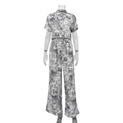 Ink Painting Printing Lapel Short Shirt High Waist Wide Leg Pants Two-piece Set - Image 6