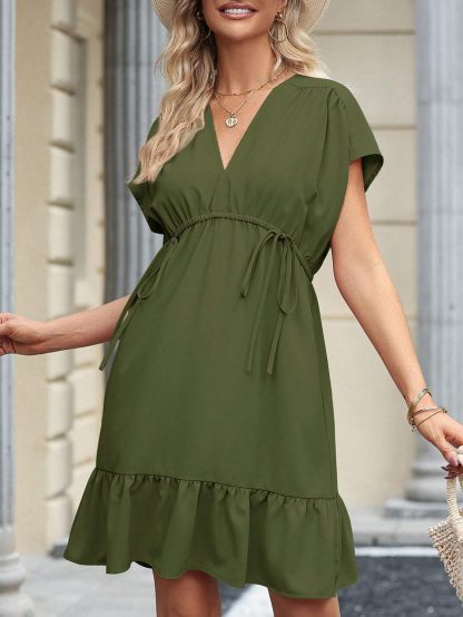 Womens Summer Dresses Short Sleeve V Neck Drawstring Casual Flowy Ruffle A-Line Swing Mini Babydoll Tunic Dress - Image 3