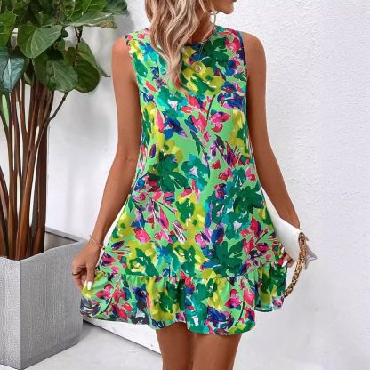 Elegant Women Floral Print Sleeveless Ruffles Dress - Image 3