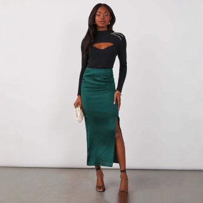 Stitching Split Elegant Silky Draping Satin Sheath Dress - Image 2