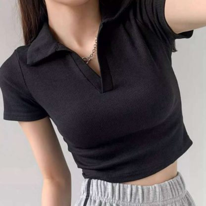 Hot Girl Slim V-neck Short-sleeved T-shirt For Women - Image 8