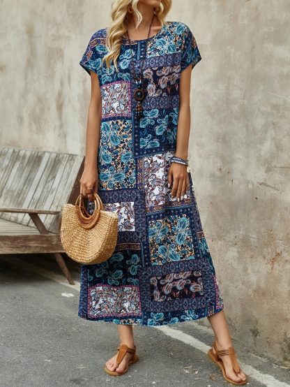 Long Printed Short Sleeve Round Neck Dress - Image 6
