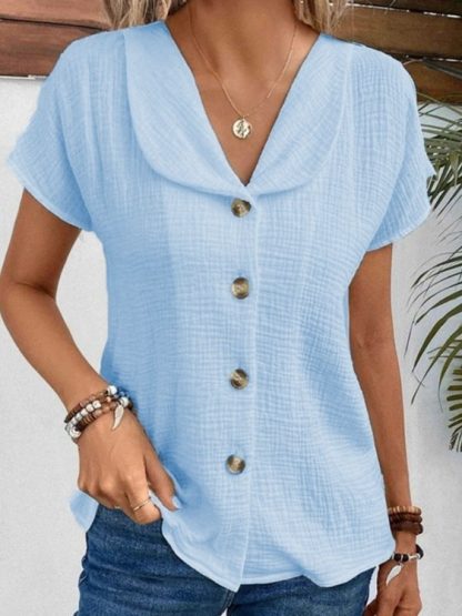 Summer Solid Color Fashion Short-sleeved Cardigan Button Women's Top - Image 8