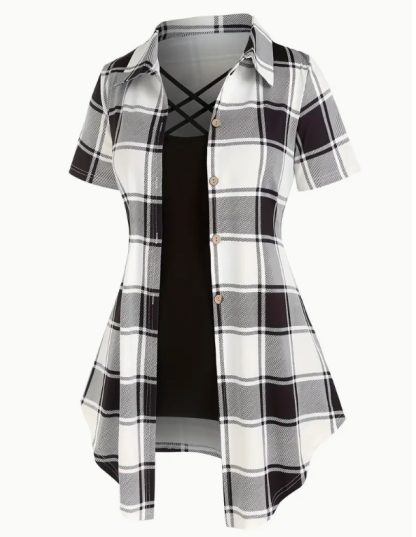 Unity AB Splicing Collar Turn-D2 In 1 Plaid Short-Sleeved T-Shirt - Image 2
