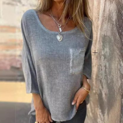 Round Neck Pullover Bat Three-quarter-length-sleeved T-shirt Pocket Color Matching - Image 2