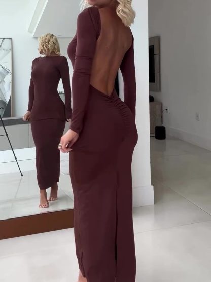 Brown Backless Long Sleeve Maxi Dress - Image 5