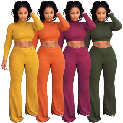 Midriff Outfit Wide Leg Pants High Collar Two-piece Sweater - Image 3