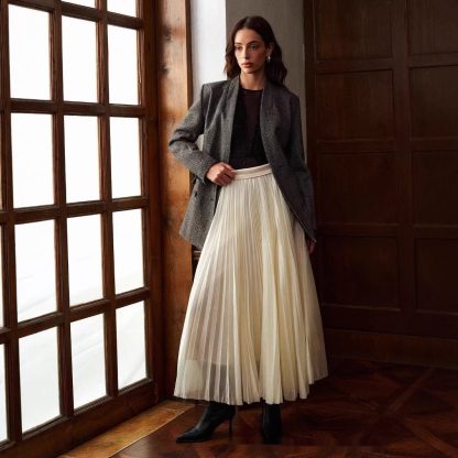 French Style Pleated Stitching High Waist Skirt - Image 4