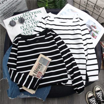 Black Striped Western Style Shirt Women's Long-sleeved T-shirt - Image 2