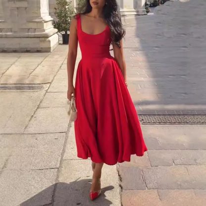 Women's Solid Color Square Collar Sling Dress - Image 3